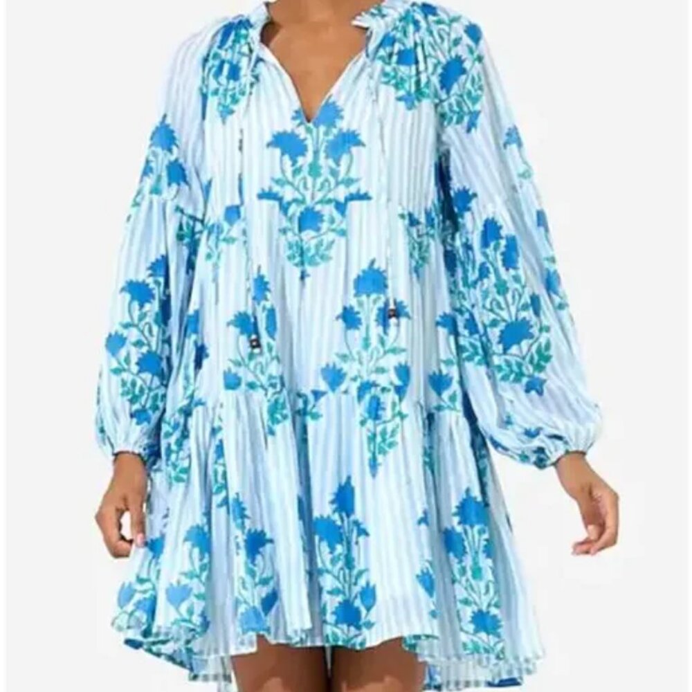 Oliphant Balloon Sleeve Jaipur Blue Stripe Cotton Dress